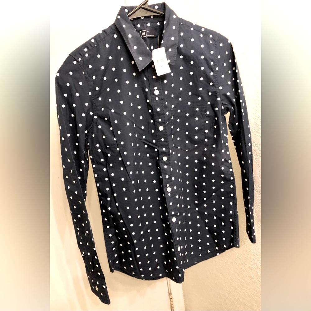 GAP Women’s Dark Navy Blue Polka Dot Button Up 100% Cotton Size XS New With Tags